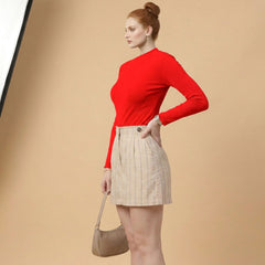 Istyle Can women's Red ribbed high neck long sleeve top