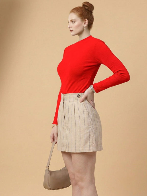Istyle Can women's Red ribbed high neck long sleeve top