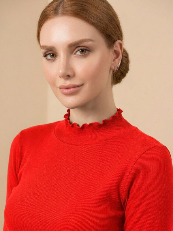 Istyle Can women's Red ribbed high neck long sleeve top