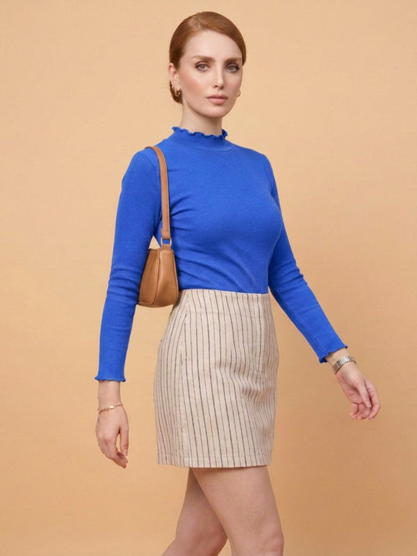 Istyle Can women's Royal Blue ribbed high neck long sleeve top