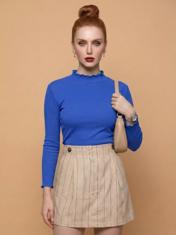 Istyle Can women's Royal Blue ribbed high neck long sleeve top