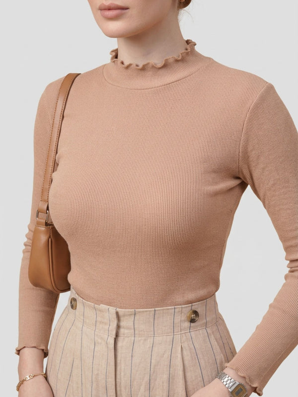 Istyle Can women's Skin ribbed high neck long sleeve top
