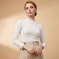 Women’s White polyester ribbed high neck long sleeve top