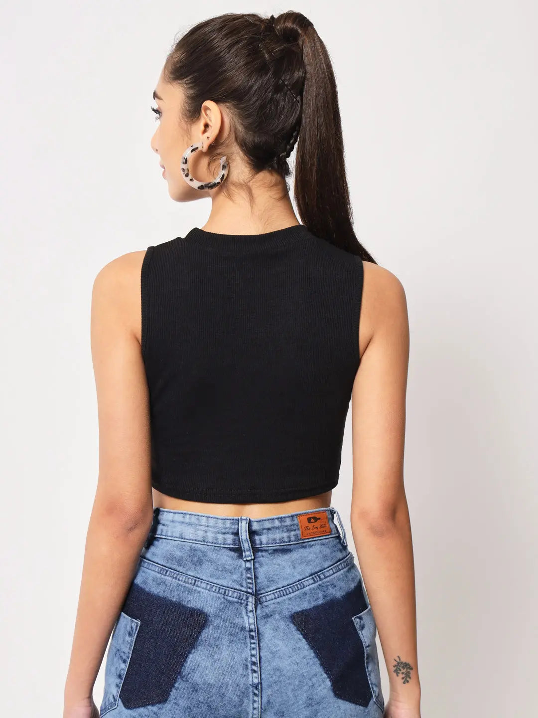 Women's & Girls Black Solid Mock Neck Rib/Knit Sleeveless Stretchable Slim Fit Crop Tank Top Secondary image