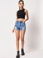 Women's & Girls Black Solid Mock Neck Rib/Knit Sleeveless Stretchable Slim Fit Crop Tank Top Istyle Can