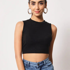 Women's & Girls Black Solid Mock Neck Rib/Knit Sleeveless Stretchable Slim Fit Crop Tank Top Istyle Can