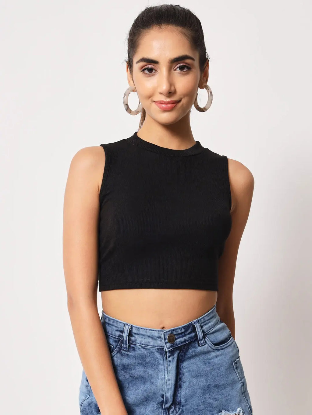 Women's & Girls Black Solid Mock Neck Rib/Knit Sleeveless Stretchable Slim Fit Crop Tank Top Istyle Can