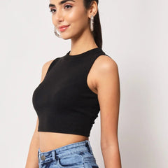 Women's & Girls Black Solid Mock Neck Rib/Knit Sleeveless Stretchable Slim Fit Crop Tank Top Istyle Can
