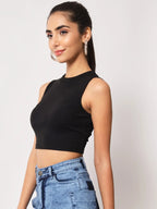 Women's & Girls Black Solid Mock Neck Rib/Knit Sleeveless Stretchable Slim Fit Crop Tank Top Istyle Can