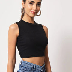 Women's & Girls Black Solid Mock Neck Rib/Knit Sleeveless Stretchable Slim Fit Crop Tank Top Istyle Can