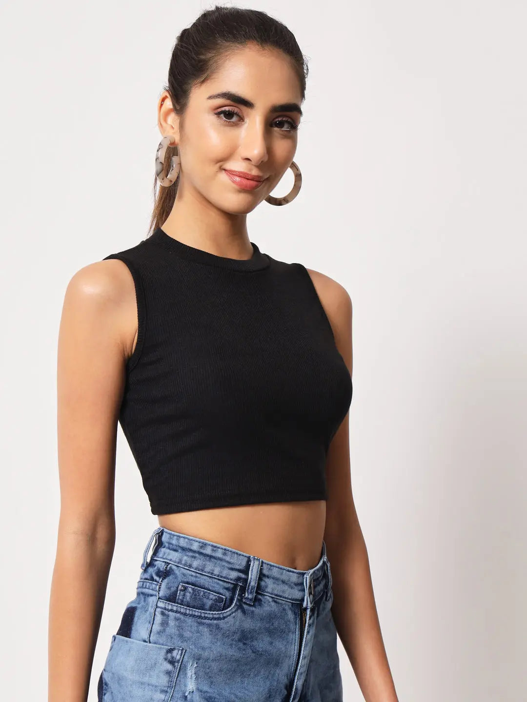 Women's & Girls Black Solid Mock Neck Rib/Knit Sleeveless Stretchable Slim Fit Crop Tank Top Istyle Can