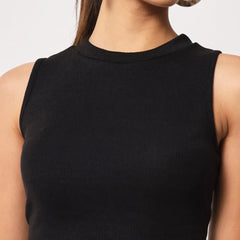 Women's & Girls Black Solid Mock Neck Rib/Knit Sleeveless Stretchable Slim Fit Crop Tank Top Istyle Can