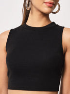 Women's & Girls Black Solid Mock Neck Rib/Knit Sleeveless Stretchable Slim Fit Crop Tank Top Istyle Can