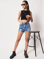 Women's & Girls Black Solid Mock Neck Rib/Knit Sleeveless Stretchable Slim Fit Crop Tank Top Istyle Can