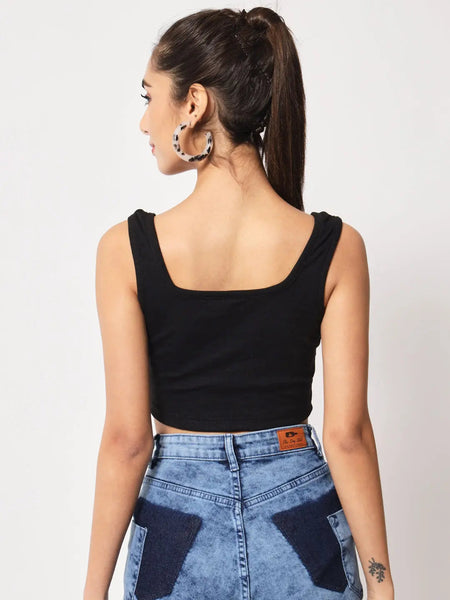 Women's & Girls' Solid Black Ribbed Square Neck Slim Fit Crop Tank Tops Istyle Can
