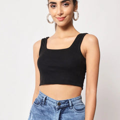 Women's & Girls' Solid Black Ribbed Square Neck Slim Fit Crop Tank Tops Istyle Can