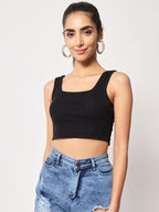 Women's & Girls' Solid Black Ribbed Square Neck Slim Fit Crop Tank Tops Istyle Can
