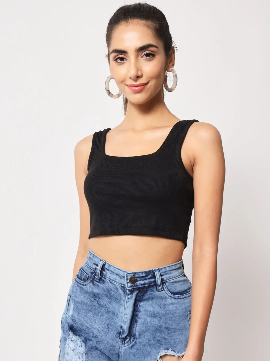 Women's & Girls' Solid Black Ribbed Square Neck Slim Fit Crop Tank Tops Istyle Can