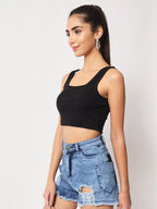 Women's & Girls' Solid Black Ribbed Square Neck Slim Fit Crop Tank Tops Istyle Can