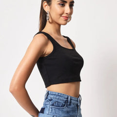 Women's & Girls' Solid Black Ribbed Square Neck Slim Fit Crop Tank Tops Istyle Can