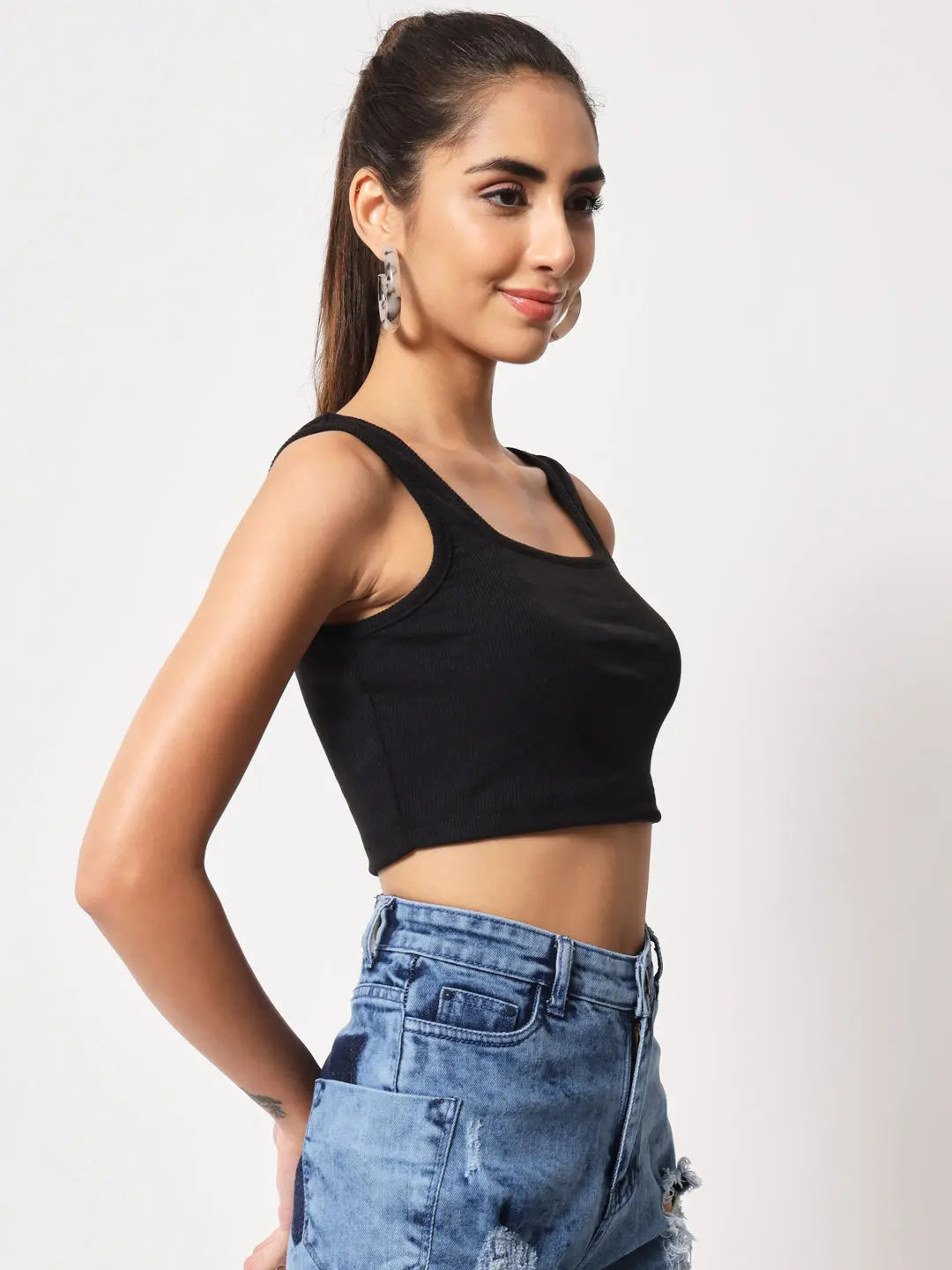 Women's & Girls' Solid Black Ribbed Square Neck Slim Fit Crop Tank Tops Istyle Can