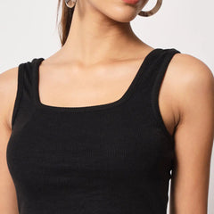 Women's & Girls' Solid Black Ribbed Square Neck Slim Fit Crop Tank Tops Istyle Can