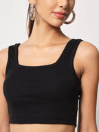 Women's & Girls' Solid Black Ribbed Square Neck Slim Fit Crop Tank Tops Istyle Can