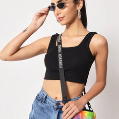 Women's & Girls' Solid Black Ribbed Square Neck Slim Fit Crop Tank Tops Istyle Can