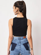 Women's Crew Neck Sleeveless Solid Rib Knit Black Crop Tank Top Istyle Can