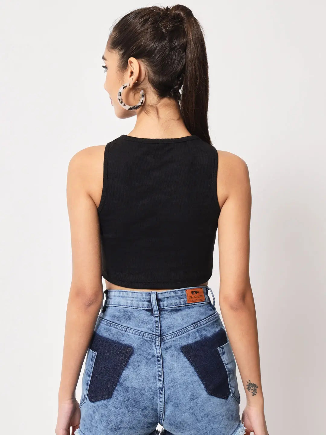 Women's Crew Neck Sleeveless Solid Rib Knit Black Crop Tank Top Istyle Can