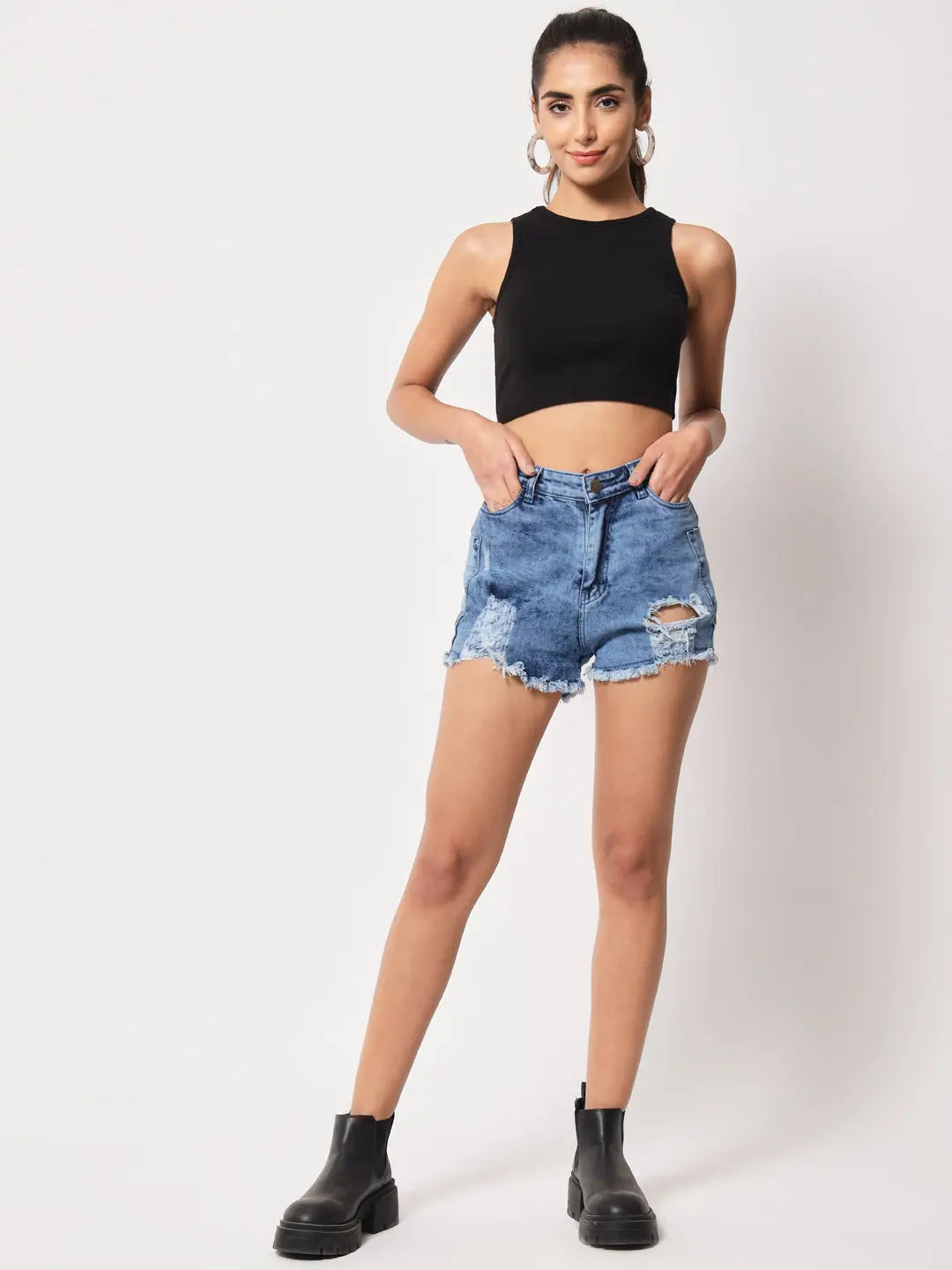 Women's Crew Neck Sleeveless Solid Rib Knit Black Crop Tank Top Istyle Can