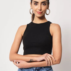 Women's Crew Neck Sleeveless Solid Rib Knit Black Crop Tank Top Istyle Can