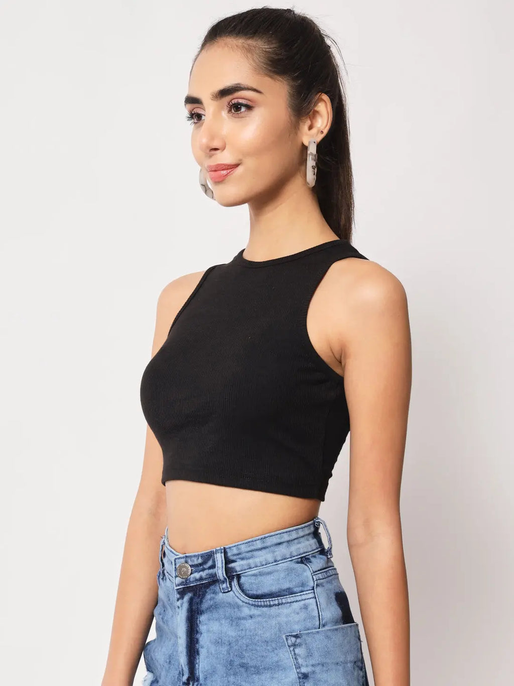 Women's Crew Neck Sleeveless Solid Rib Knit Black Crop Tank Top Istyle Can