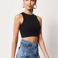 Women's Crew Neck Sleeveless Solid Rib Knit Black Crop Tank Top Istyle Can