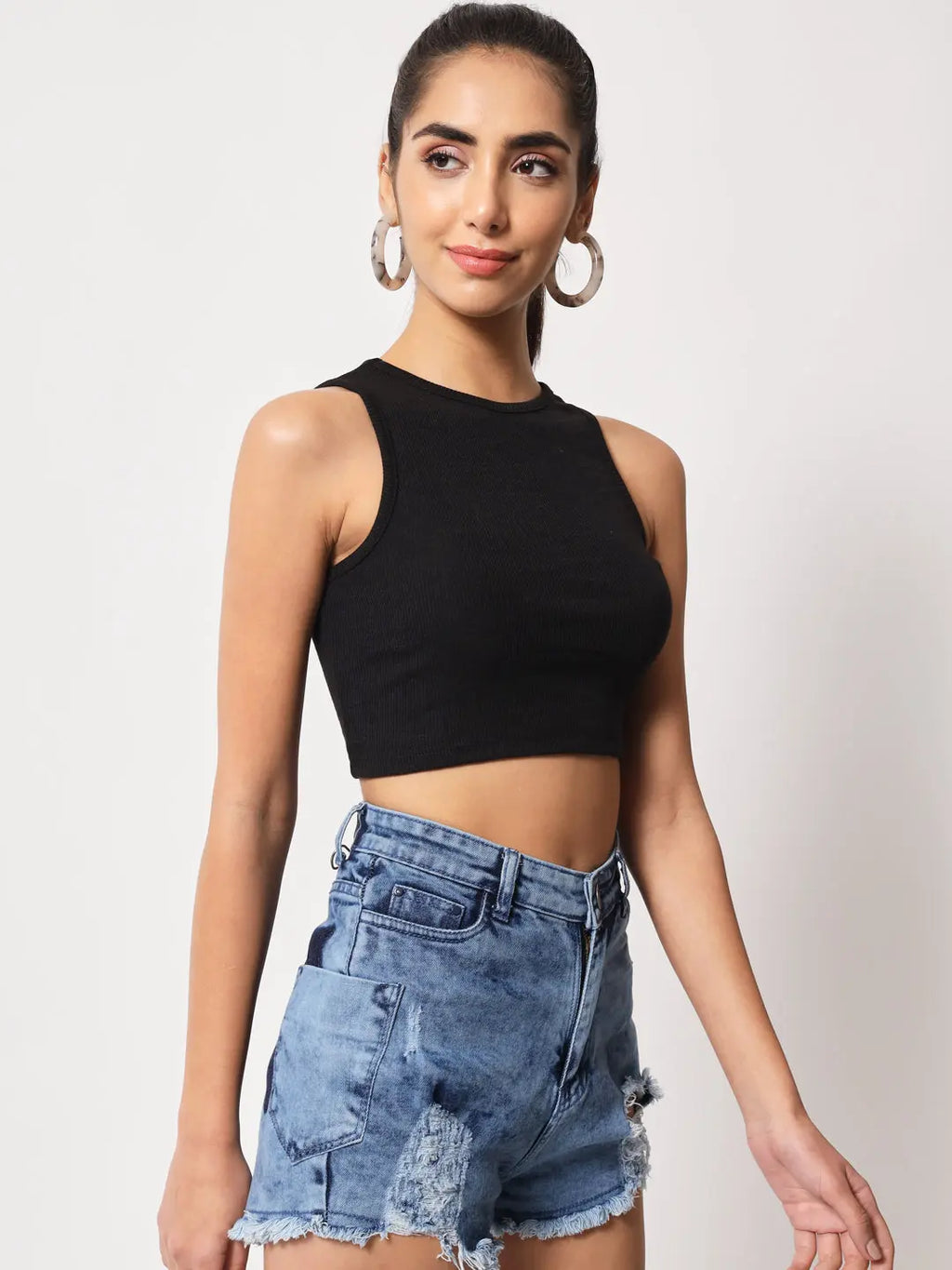 Women's Crew Neck Sleeveless Solid Rib Knit Black Crop Tank Top Istyle Can