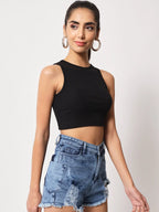 Women's Crew Neck Sleeveless Solid Rib Knit Black Crop Tank Top Istyle Can