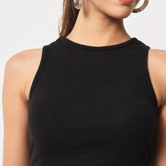 Women's Crew Neck Sleeveless Solid Rib Knit Black Crop Tank Top Istyle Can
