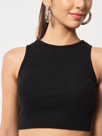 Women's Crew Neck Sleeveless Solid Rib Knit Black Crop Tank Top Istyle Can
