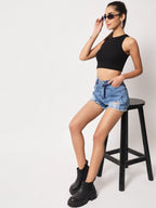 Women's Crew Neck Sleeveless Solid Rib Knit Black Crop Tank Top Istyle Can