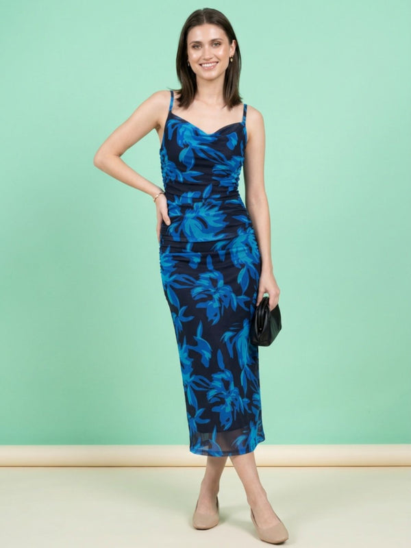 Navy Blue floral print cowl neck bodycon maxi dress