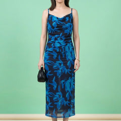 Navy Blue floral print cowl neck bodycon maxi dress