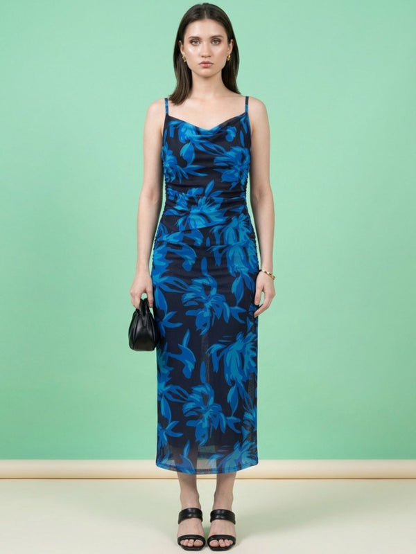 Navy Blue floral print cowl neck bodycon maxi dress
