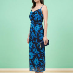 Navy Blue floral print cowl neck bodycon maxi dress