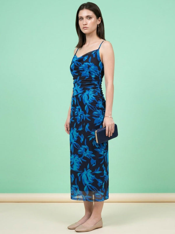 Navy Blue floral print cowl neck bodycon maxi dress