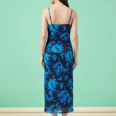 Navy Blue floral print cowl neck bodycon maxi dress
