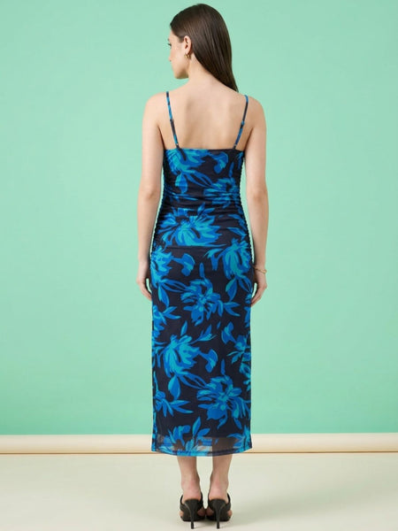 Navy Blue floral print cowl neck bodycon maxi dress