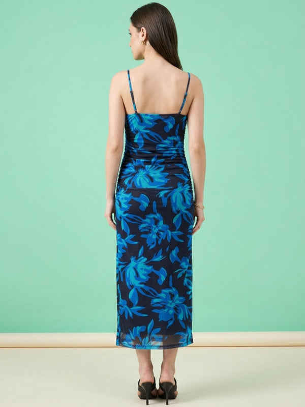 Navy Blue floral print cowl neck bodycon maxi dress