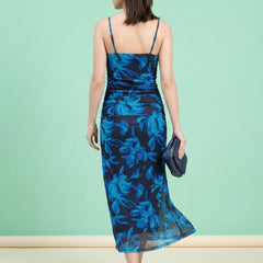 Navy Blue floral print cowl neck bodycon maxi dress