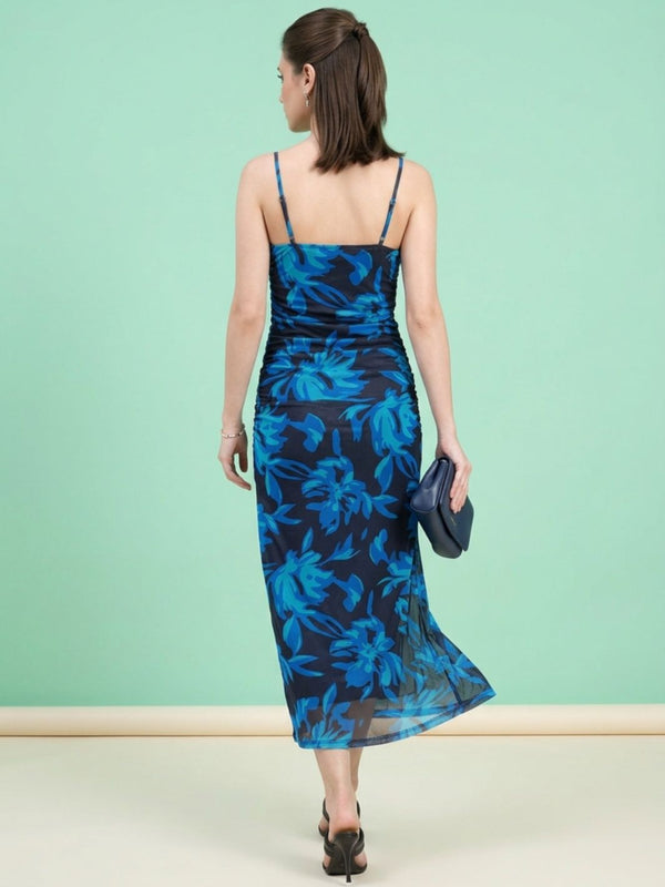 Navy Blue floral print cowl neck bodycon maxi dress