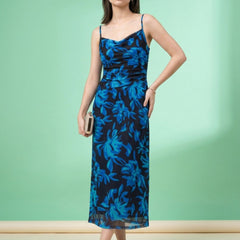 Navy Blue floral print cowl neck bodycon maxi dress